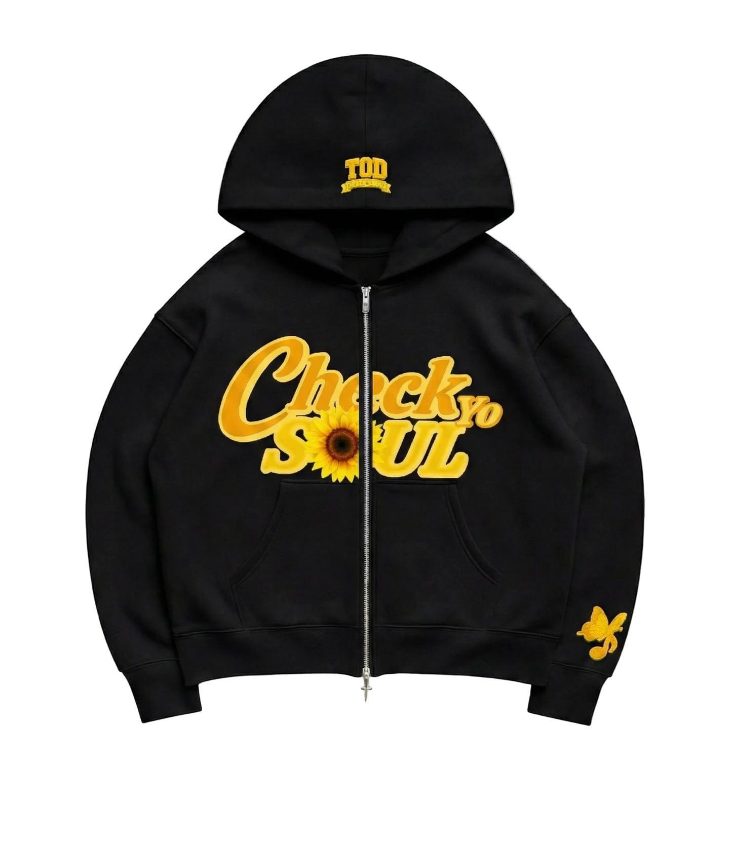 Black hoodie with yellow text and graphics on a white background