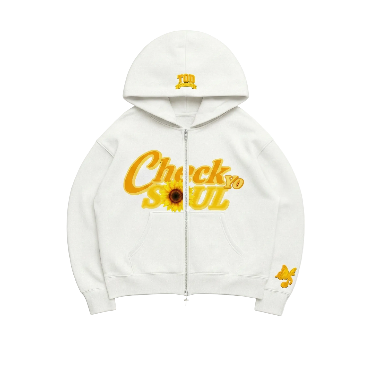 White hoodie with yellow text and graphics on a white background