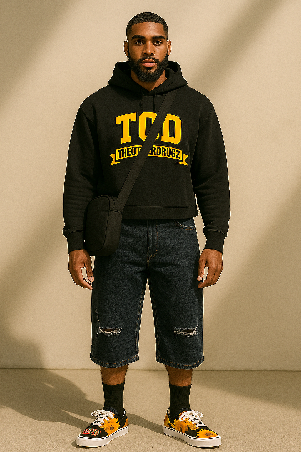 Man wearing a black hoodie with yellow text, dark jeans, and sneakers on a beige background